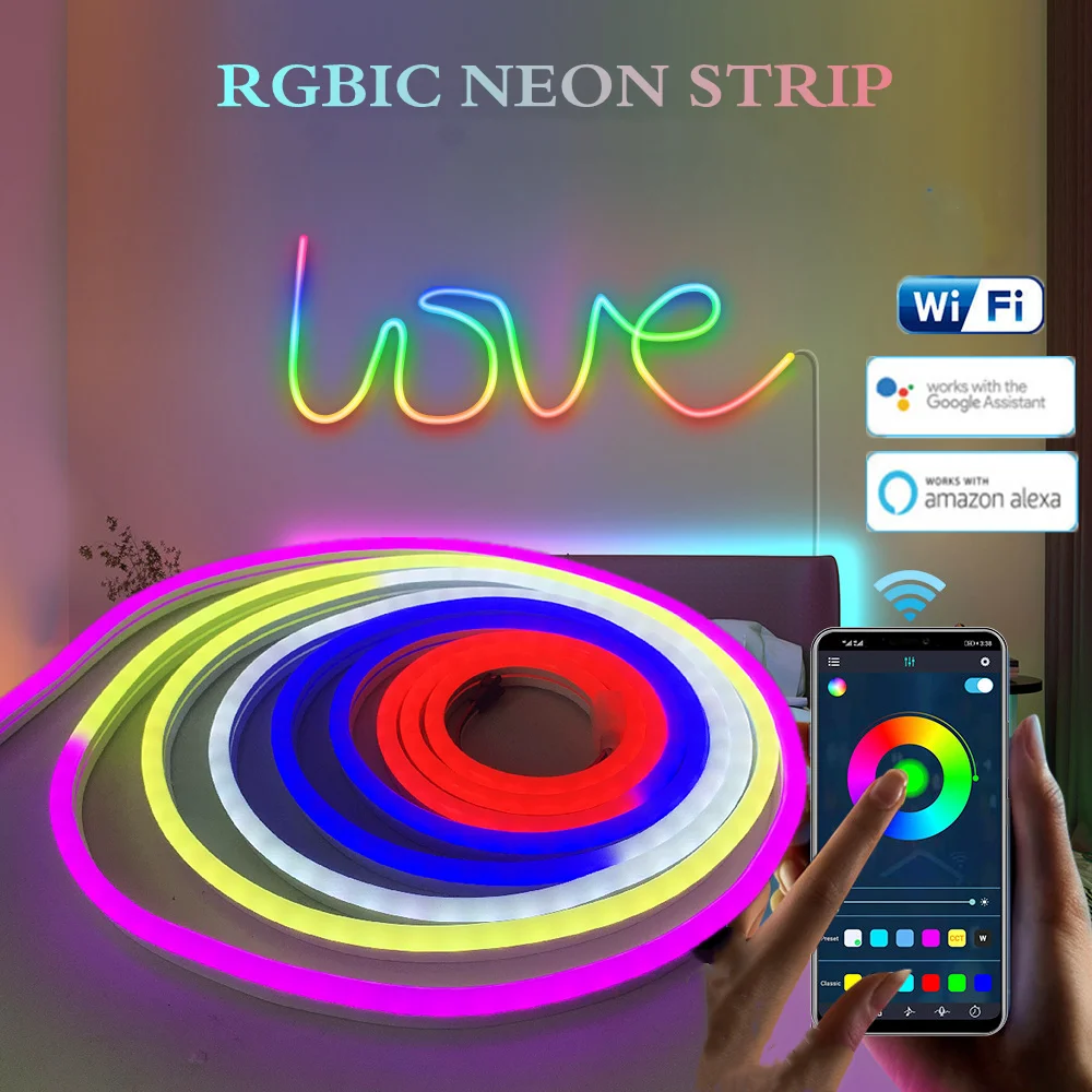 

WiFi LED Neon Strip light 12V RGBIC Dimmable LED Strip Dreamcolor Waterproof Chasing Effect Flexible Tape Voice Controln