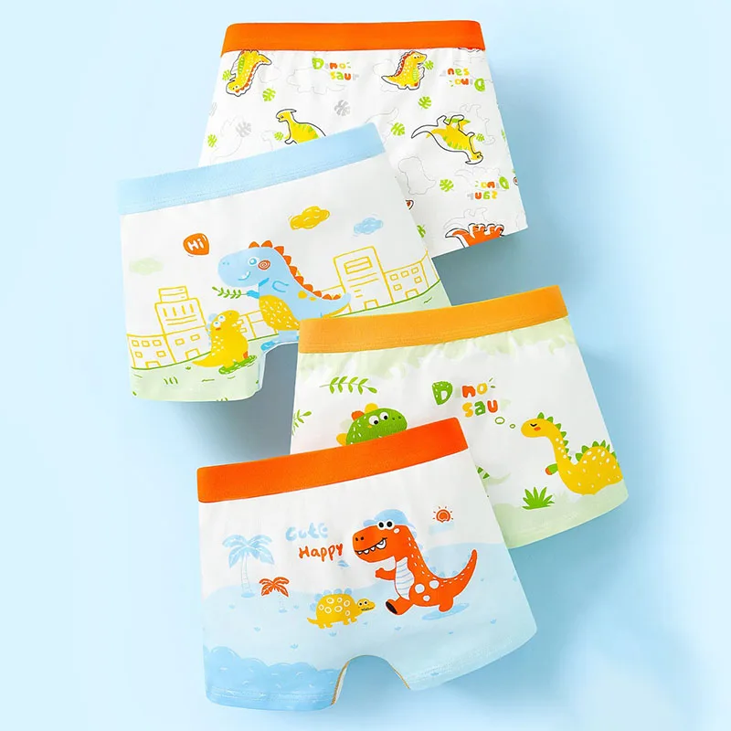 

Комплект из 4 штук: Детские трусы-боксеры для мальчиков, удобные, хлопковые, без флуоресцентных добавок, с мультяшным принтом динозавров