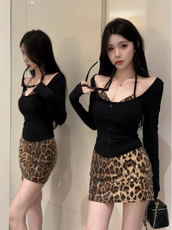 

Sexy Leopard Print Wrap Chest Long Sleeve Base Shirt Women's Slim Fit Spring Hanging Neck Gown Three Piece Set High Waist Skirt