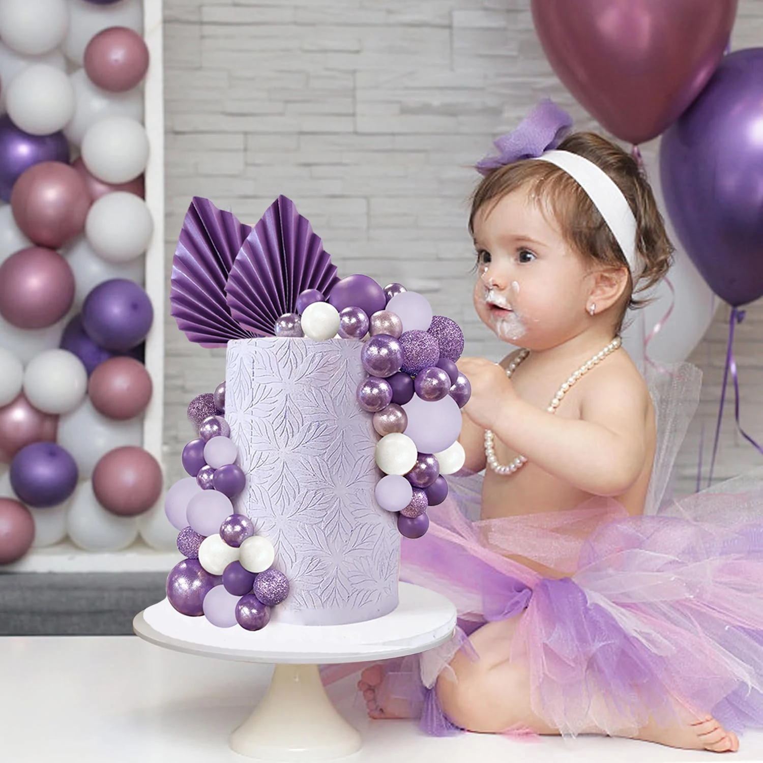 Purple Cake Topper Set Pearl Glitter Purple Foam Balls for Cake Decorating DIY Weddiing Birthday Baby Shower Party Supplies