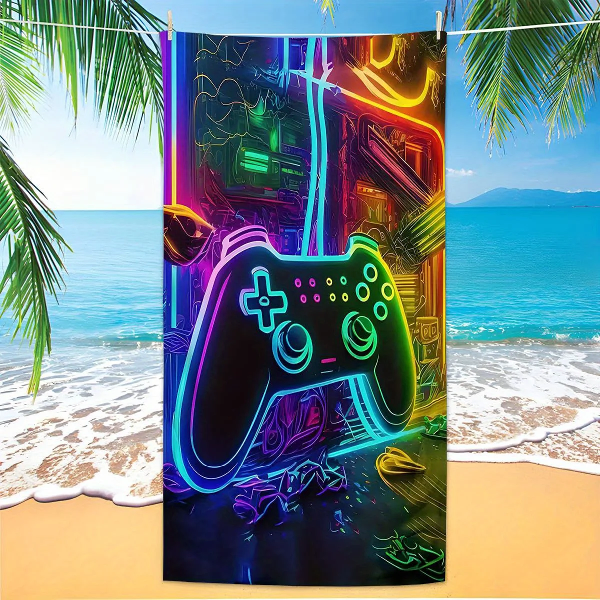 1pc Large Gaming Controller Print Beach Towel, Vibrant Towel For Travel Camping Pool Outdoor Lightweight Swim Blanket Towel