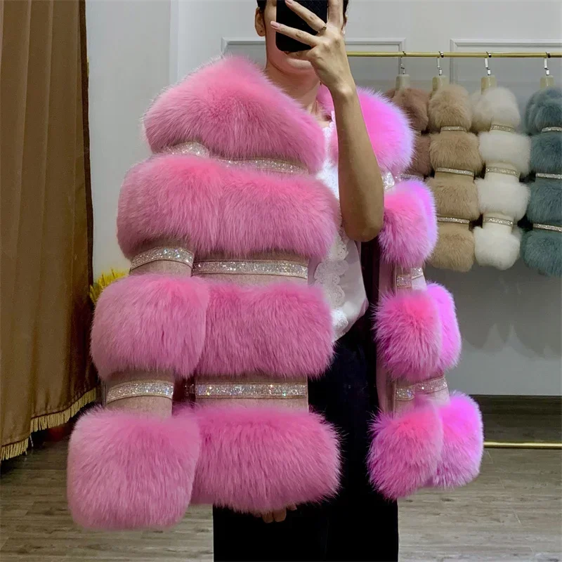 2024 New Fashion Real Fur Coat Winter Jacket Women Natural Fox Fur Diamonds Thick Warm Outerwear Streetwear Luxury Brand