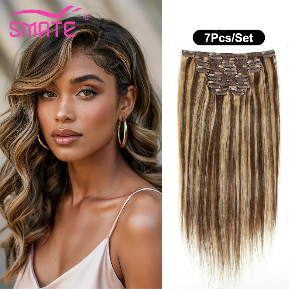 

Набор из 7 прядей SMATE P4/27: прямые накладные волосы омбре из бразильского реми-волоса, 14-26 дюймов, мягкие, без спутывания, для женщин