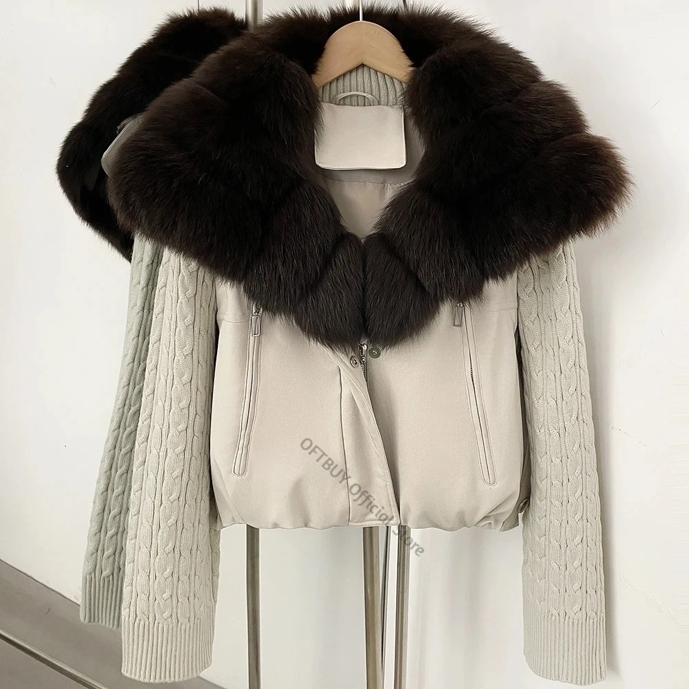 Short Women's Winter Puffer Coat Knitted Sleeves Natural Fur Collar Down Jacket Stylish Outerwear Office Commuting Cold Season