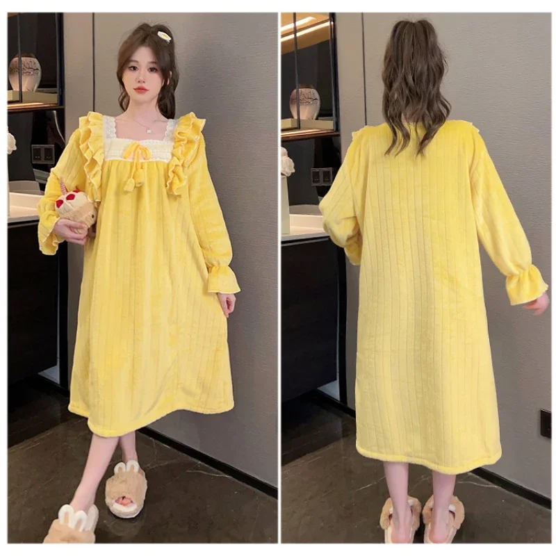 Winter Warm Sleepwear Princess Style Women\'s Flannel Nightgown Homewear Soft Coral Velvet Court Pajama Solid Loose Sleep Dress