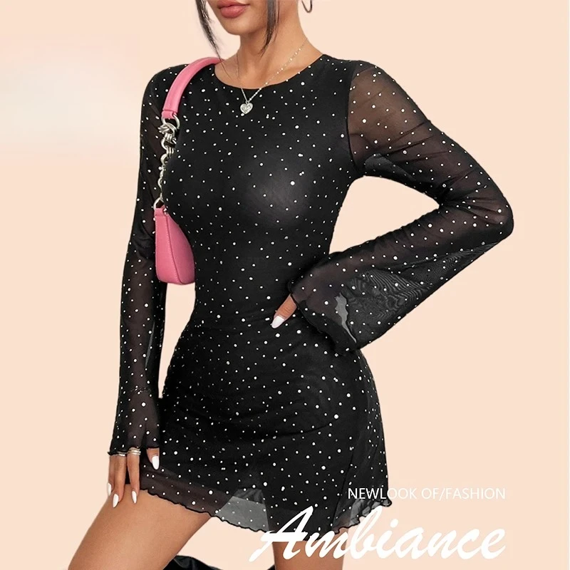 편안하고 섹시한 백리스 프롬 가운 2026 신상 우아한 여성 롱 슬리브 드레스 패션 블랙 시스루 메쉬 스팽글 디자인 미니 드레스