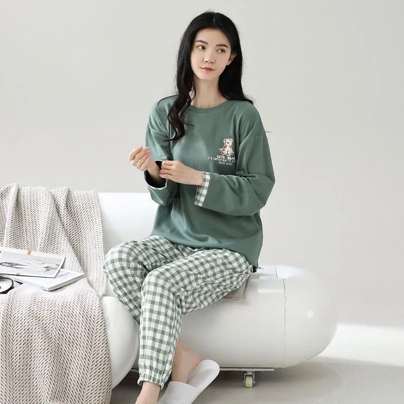 Pyjama en pur coton à manches longues pour femmes, pull décontracté, vêtements de détente, vêtements de nuit simples, ensemble de vêtements pour la maison, printemps, automne, nouveau, 2024