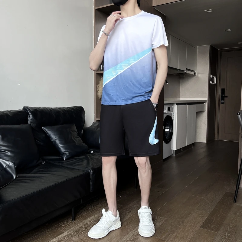 Summer Men's Clothing Gradient Pullover Round Neck Short Sleeve T-shirt Elastic High Waist Pockets Casual Loose Sweatpants Sets