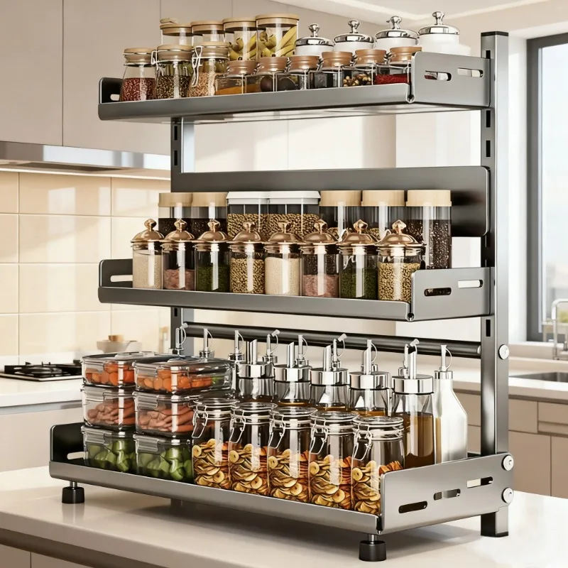 Étagère de rangement pour assaisonnements de cuisine à 3 niveaux, indépendante, pour comptoir, grande capacité, pour bouteilles et boîtes, étagère multi-niveaux pour la maison