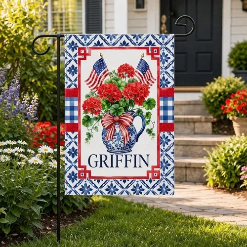 Personalized Patriotic Chinoiserie Garden Flag: Blue Hydrangea Floral House Deco XXQ
