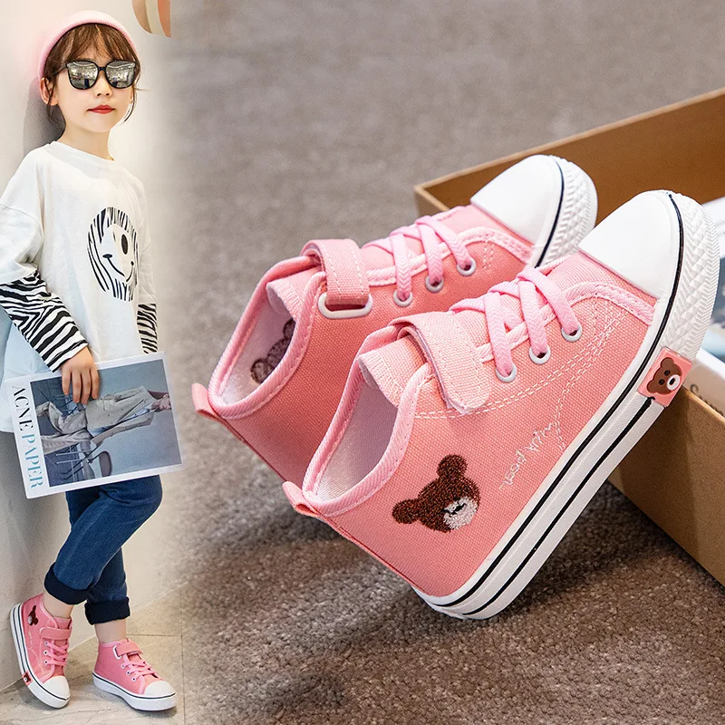 Children Canvas Shoes Boy Girl Casual Shoes Soft Bottom Bear Pattern High-top Casual Running Shoes Kids Breathable Flat Sneakers