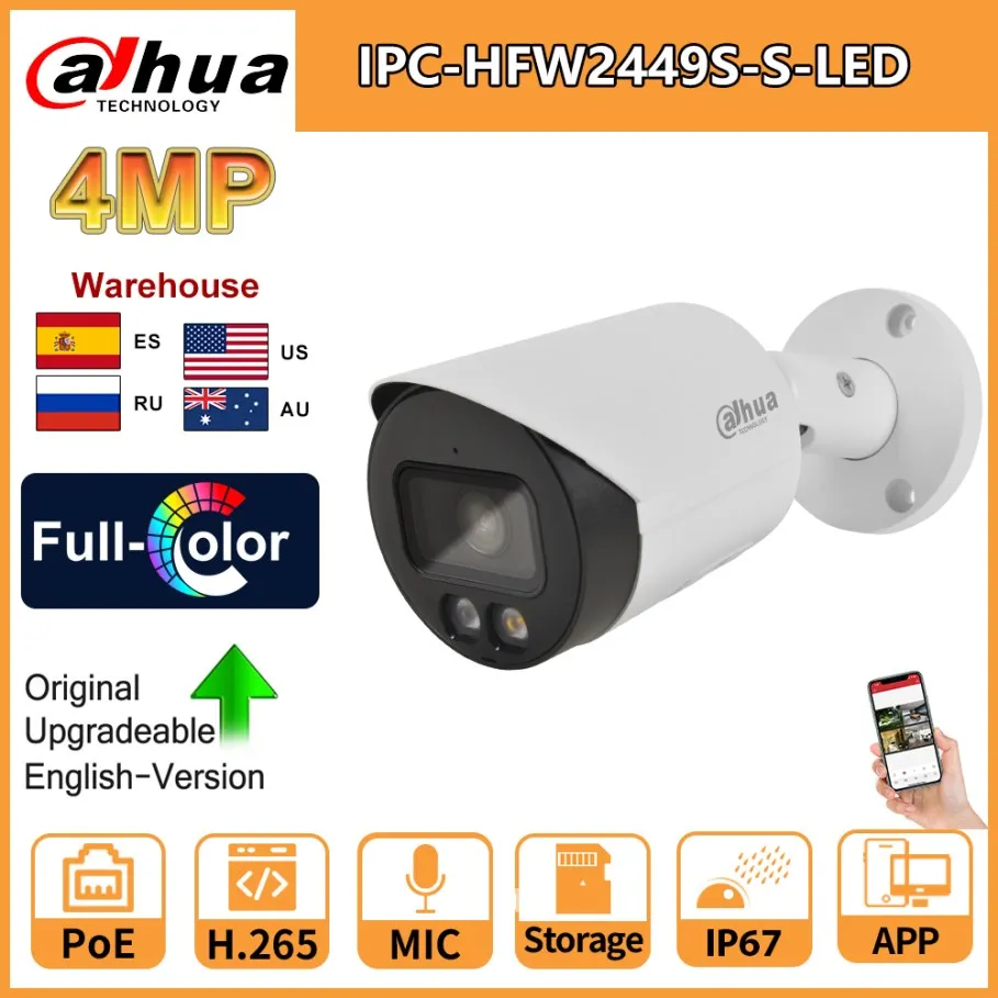 dahua camera de vigilancia por video wizsense 4mp colorida poe ipc hfw2449s s led bala microfio integrado slot para cartao sd ip67 01