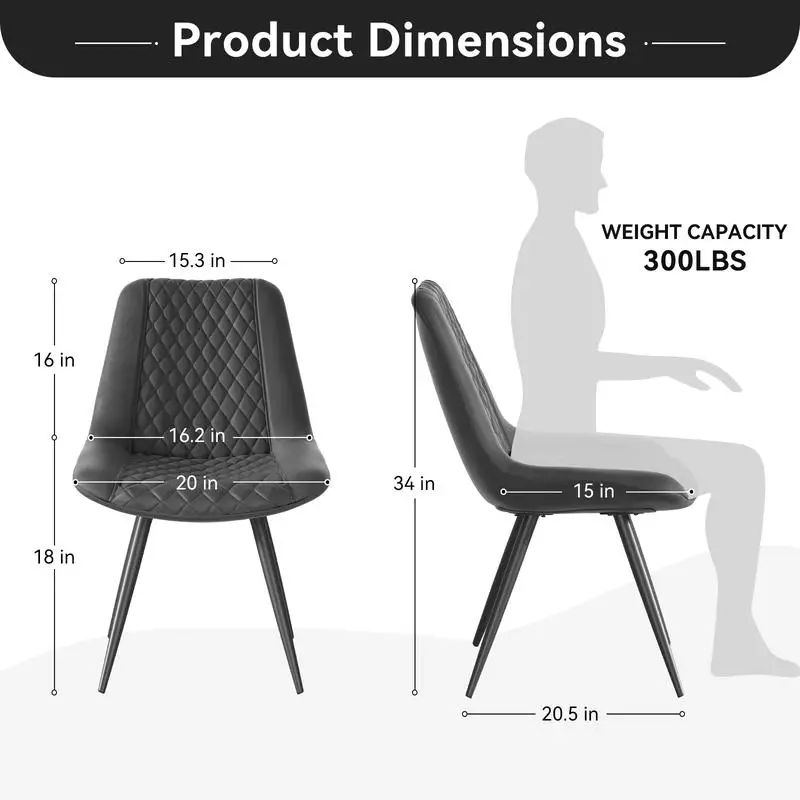كراسي طعام من جلد البولي يوريثان باللون الأسود مكونة من قطعتين - تصميم مريح مع غرزة ماسية وإطار حديدي