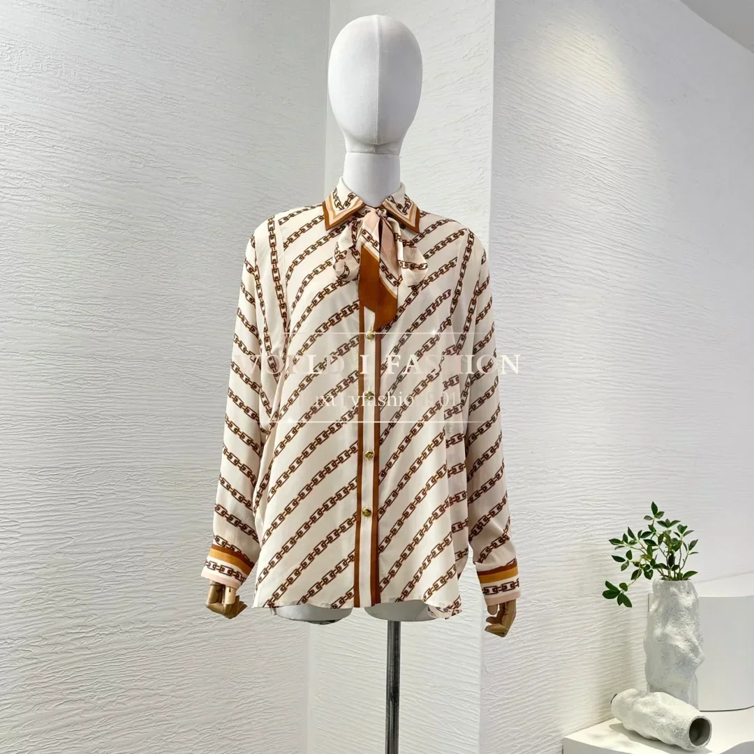 

Beige 2 Piece Sets Womens Outfits Chain Print Long Sleeve Lapel Blouse Tops and Pants