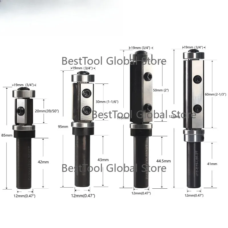 12mm Shank Flush Trim Router Bit Pattern Template Double Bearings  Router Bit Planer Bit Cut Lenth 20/30/50/60mm 2 Inserts