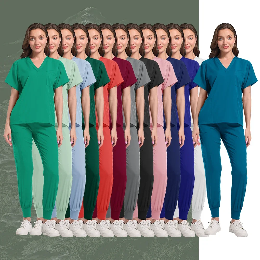 Surgical Set Women Pet Hospital Scrub Uniforms Suits Unisex Solid Color Surgical Gown Pocket V-neck Jogger Suits