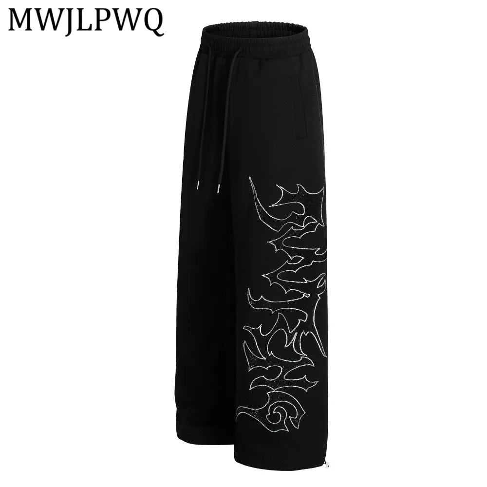 

MWJLPWQ Street Style Loose Wide-Leg Rhinestone Trousers Men's Letter Design American Sporty Casual Straight-Leg Pants Tide 14240