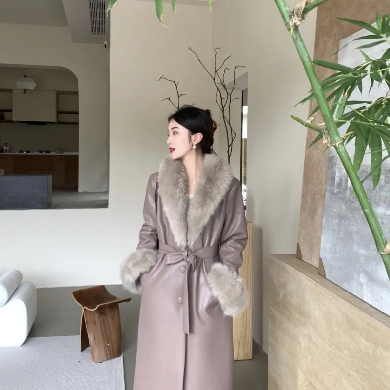 Retro temperament plus cotton thickened leather long women's patchwork environmental imitation fur coat