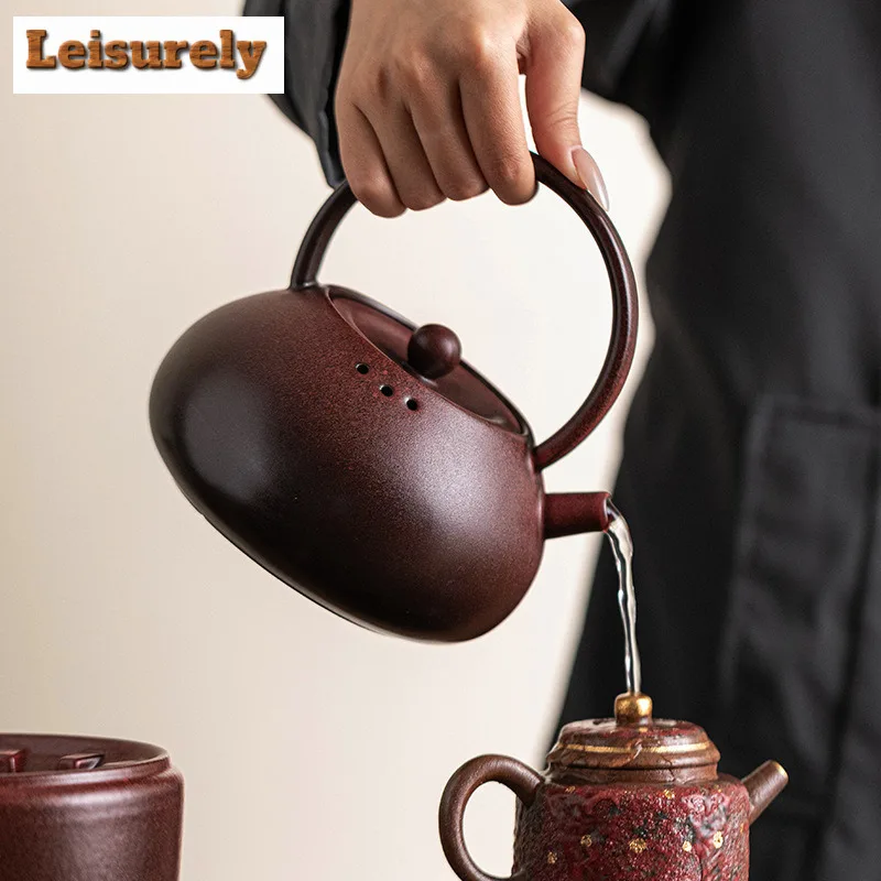 800ml Retro Black Pottery Lifting Handle Pot Chinese Kiln Change Red Teapot Surrounding Stove Boiling Tea Kettle Kung Fu Teaset