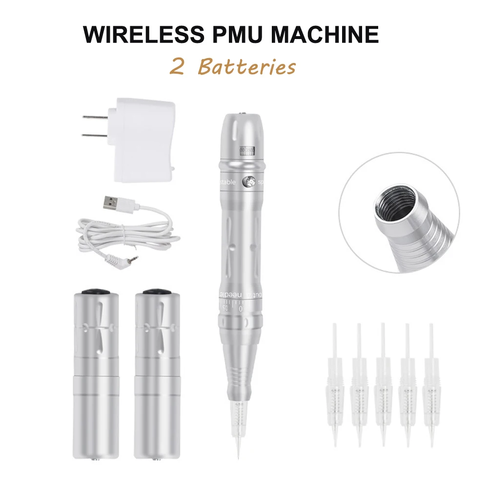 Pink / Silver Wireless Permanent Makeup Tattoo Machine Pen With Two Batteries