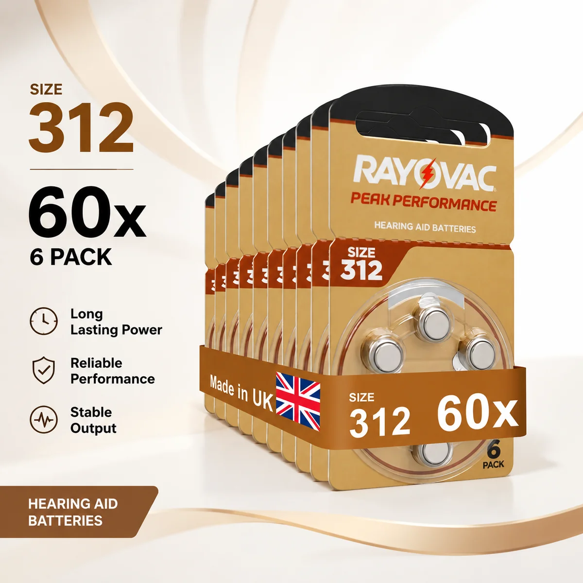 Zinc Air Button Cell Battery A312 60pcs/Box Compatible with 312A ZA312 312 PR41 S312 Long Lasting Replacement for Hearing Aid