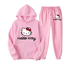 Hello Kitty Cartoon Anime Women Sweatshirt Sweatpants Set Fashion Men Pullover Pants Suit Spring Autumn Couple Hoodie Pant Sets