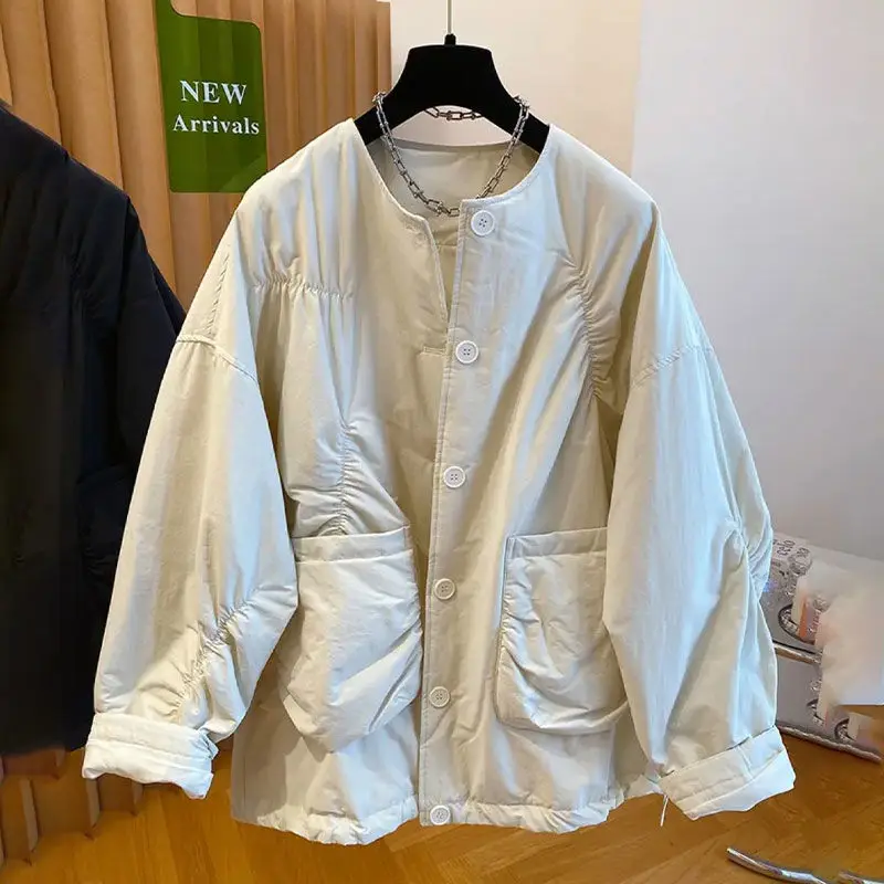 

2025 Европейская мода, осенне-зимняя новая женская пуховая хлопковая куртка, свободная хлопковая куртка большого размера с круглым вырезом для поездок на работу