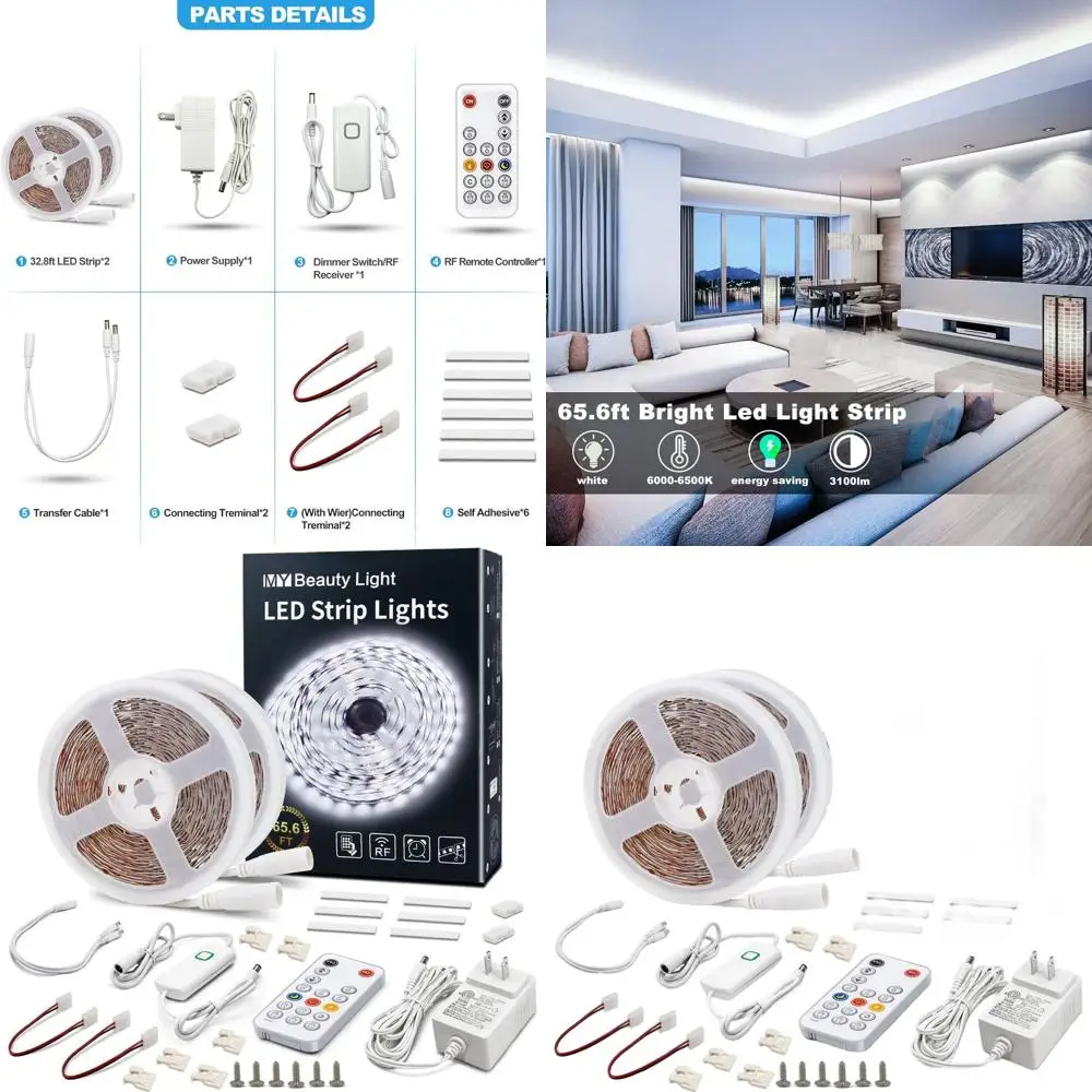 

65.6ft Dimmable White LED Strip Light with RF Remote, 1200 6500K LEDs, Plug-in Adhesive for Home Use