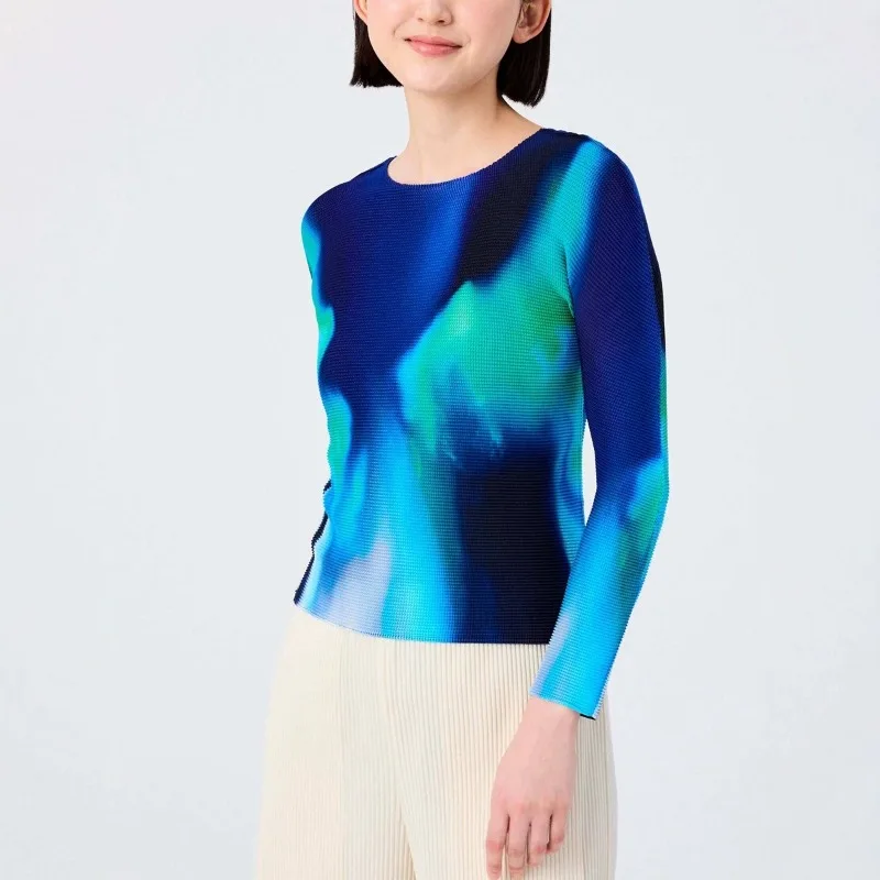 Miyake Pleated 2026 Summer New Women's Top High-end Casual Fashion Gradient Round Neck Slim Fit Versatile Long Sleeve T-shirt