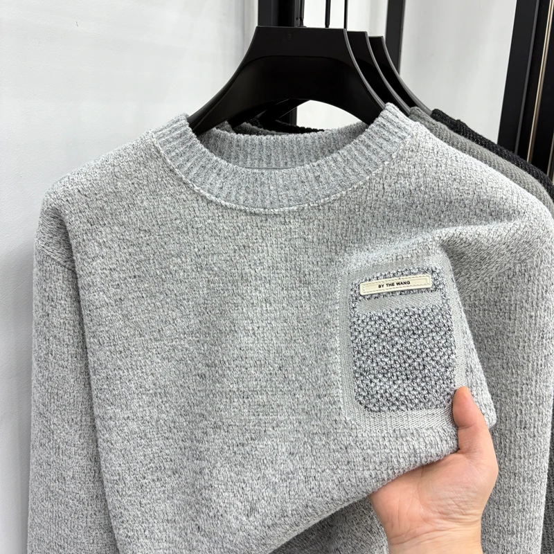 

men's autumn winter high quality fleece-lined thicken long sleeves pullover round neck keep warm sweater leisure men clothing