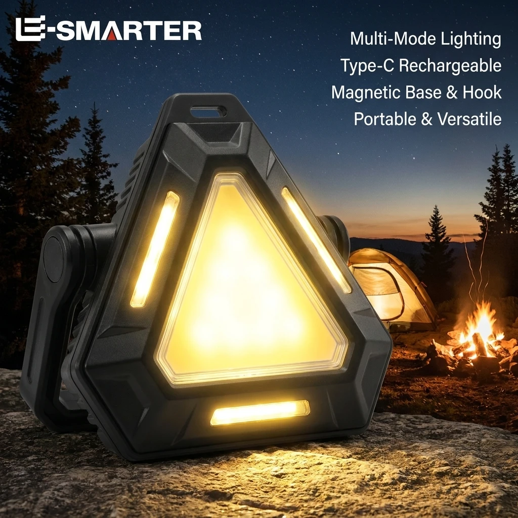 Portable Magnetic Multi-Purpose Flashlight, Rechargeable Triangle Lamp with Red Blue Warning Light for Outdoor Camping