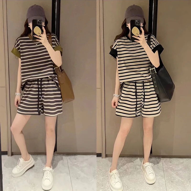 Fashionable Summer Loose Casual Striped Short-Sleeved Shorts Two-Piece Set For Women