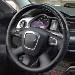 For Audi A4 B7 B8 A6 C6 2004-2011 Q5 2008-2012 Q7 Hand-Stitched Black Genuine Leather Carbon Fiber Car Steering Wheel Cover