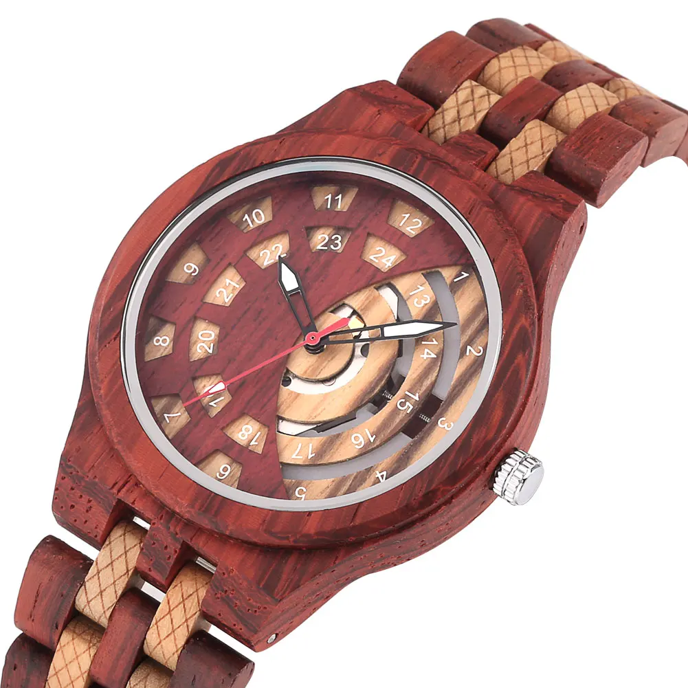 Luminous Pointers Hollow Dial Quartz Watch for Men 5 Beaded Full Wooden Watch Band Wristwatches Folding Clasp Man Clock