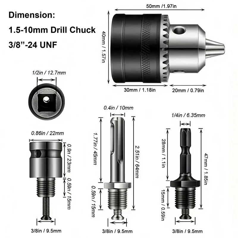 1,5-10mm Bohrfutter mit 3/8'-24UNF-Anschluss - Schlagschrauber-Futter + Sechskantschaft/SDS Plus/Steckschlüssel-Adapter & Bohrfutterschlüssel, Winkelschleifer – Detail 3