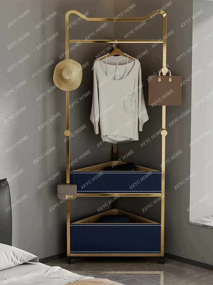 

Light Luxury Stainless Steel Movable Corner Coat Rack Saddle Leather Storage Floor Clothes Rack