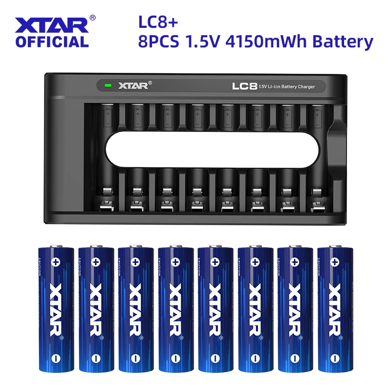 XTAR 8PCS AA 4150mWh 1.5V Li-Ion Rechargeable Battery+XTAR LC8 Smart 8 Bay Li-ion  With IndicatorAA/AAA Battery Charger