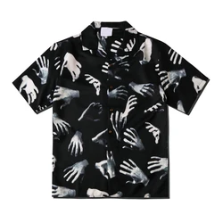 Dark Icon Skeleton Hand Full Printed Vintage Men's Shirt Summer Thin Material Sunproof Outerwear Clothing