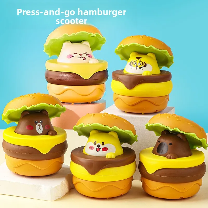 Peuter Druk en Glijbaan Hamburger Auto Speelgoed Inertie Trek Auto Speelgoed Cartoon Beer Kat Hond Hamburger Vorm Druk Glijbaan Speelgoed