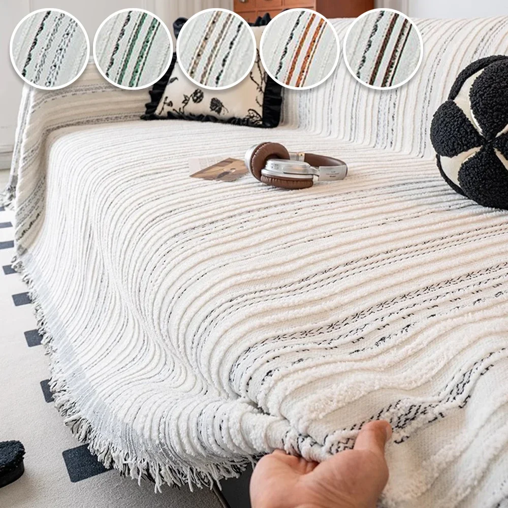 1/2/3/4 Seater Chenille Sofa Towel with Tassels Double-side Living Room Camping Picnic Large Blanket Leisure Relax Beach Towel
