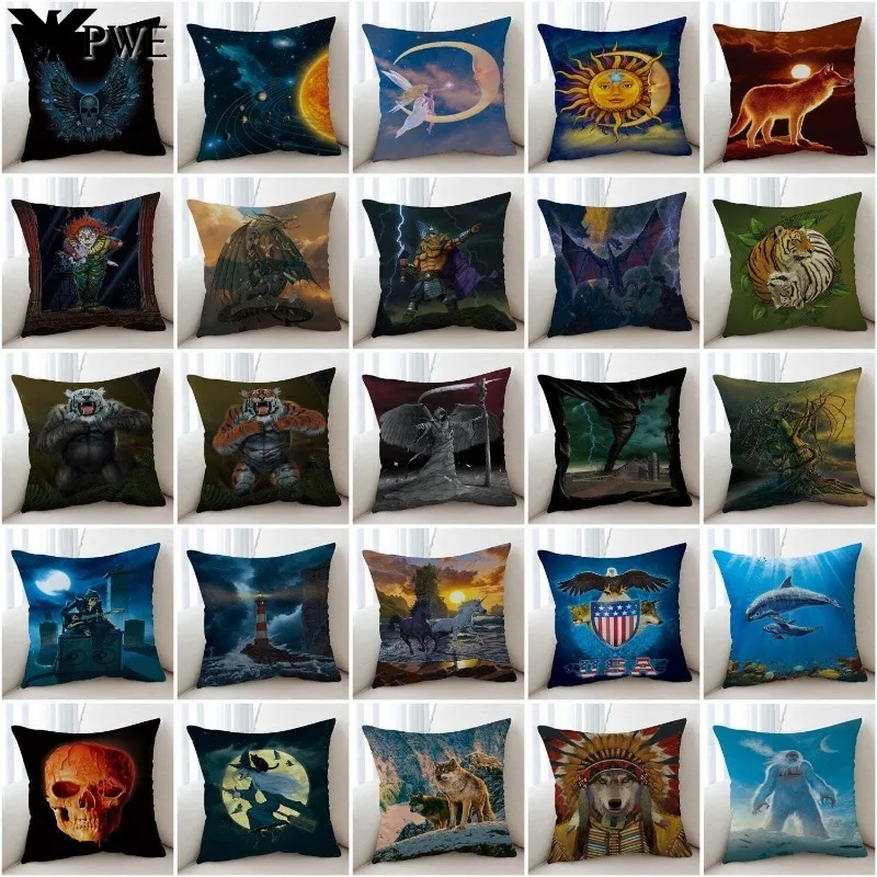 Cushion Covers 45X45CM Cool Art Animals Scary Mens Guys Skull Lighthouse Monster