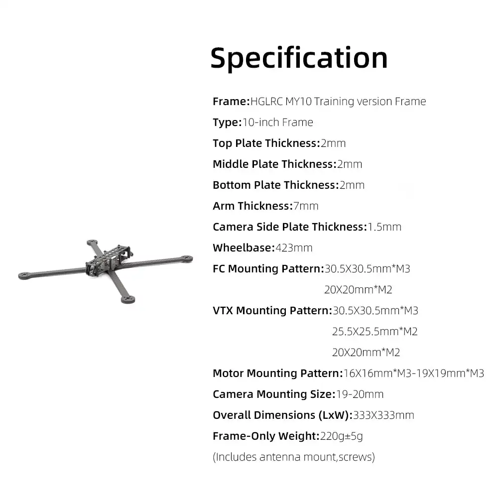 HGLRC MY10 Training Frame 10inch Carbon Fiber Long Range Frame, 423mm Wheelbase 7mm Thick Crash Resistant Quadcopter Chassis