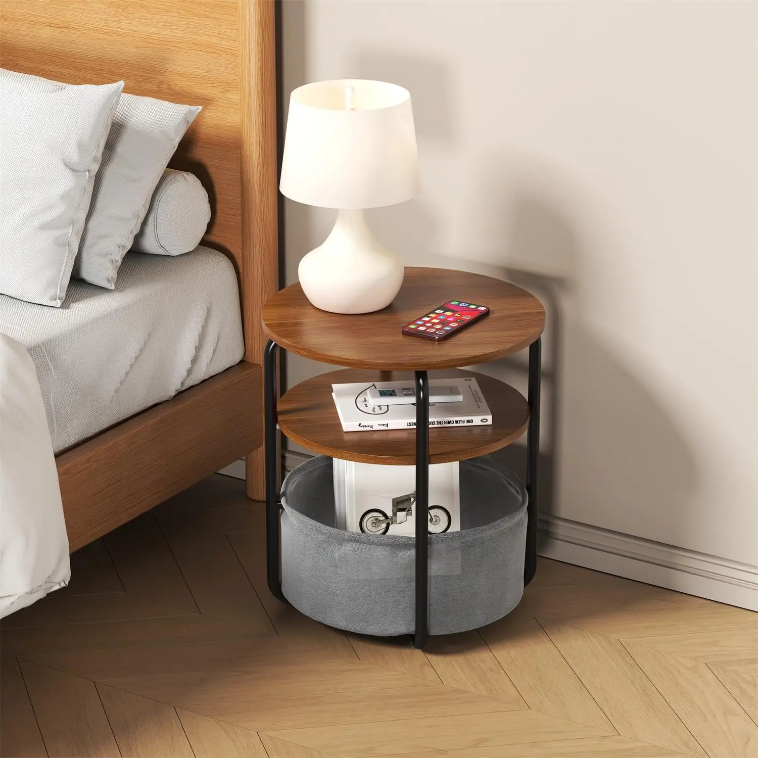3-Tier Computer Desk with Removable Fabric Storage Basket Multi-Layer Storage Bedside Laptop Desk for  Dormitory and Bedroom Office Desks Furniture