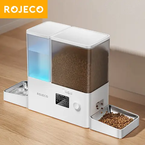ROJECO 2In1 자동 애완 동물 피더 중력 분수 8.5L 버튼 버전 물 리필 술꾼이있는 자동 고양이 키블 디스펜서