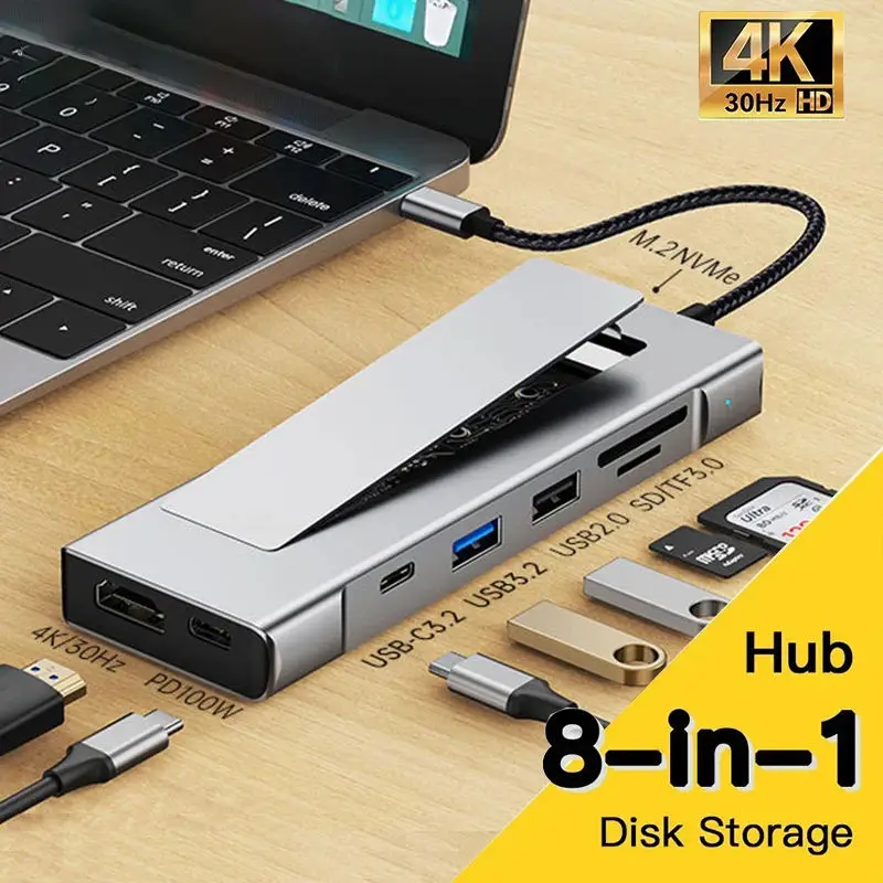 

USB-хаб 8-в-1 с поддержкой M.2 NVME SSD, USB 3.2 10 Гбит/с, HDMI 4K@30 Гц, PD 100 Вт, считывателем SD/TF для ноутбуков и MacBook