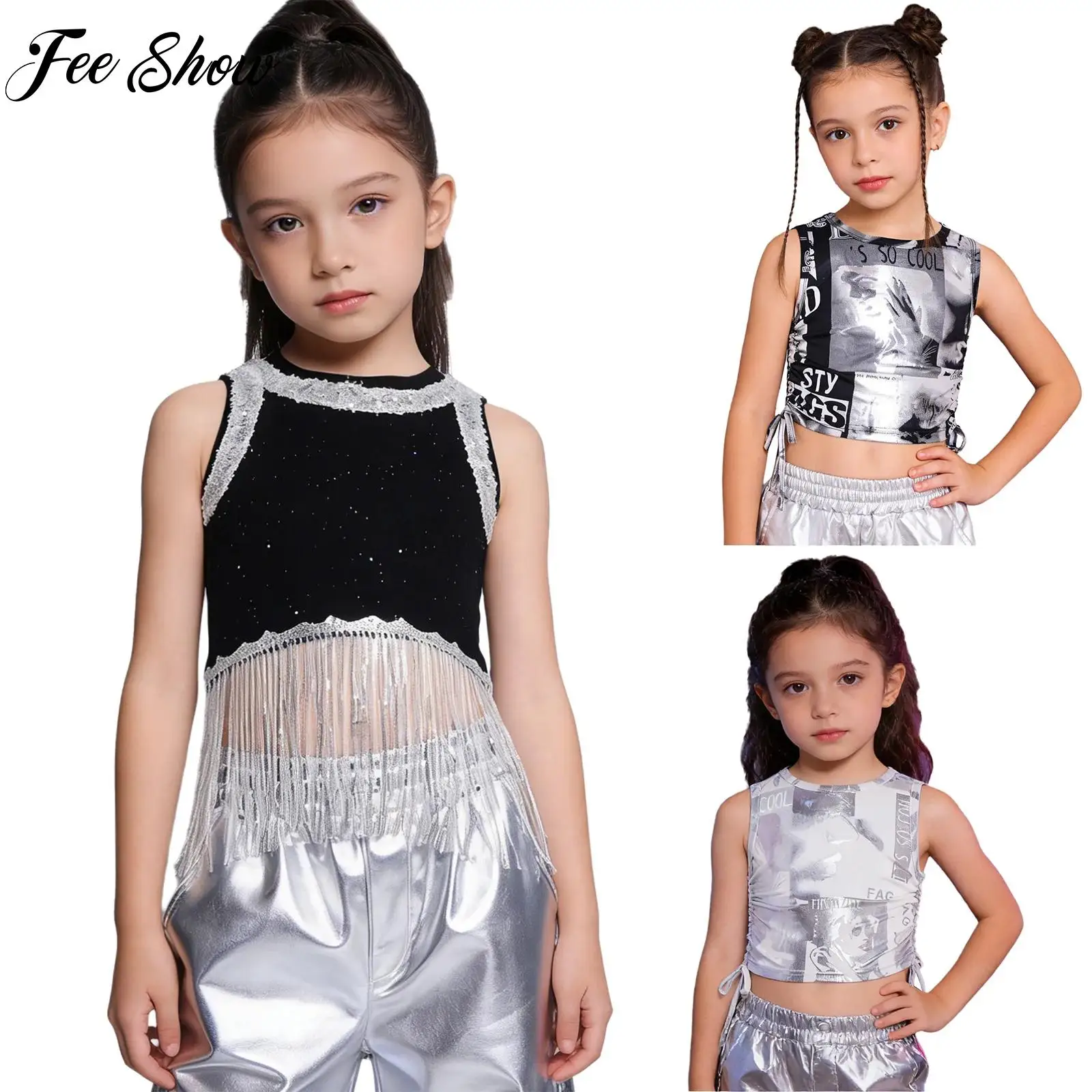 

Kids Hip Hop Jazz Street Dance Costume for Girls Sleeveless Stylish Printed Sequins Tassels Vest Performance Competition Clothes