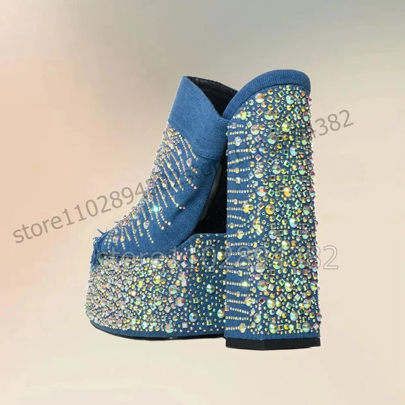الأزرق الدنيم الكشكشة حجر الراين ديكور منصة النعال الانزلاق على أحذية النساء كعب عالي مكتنز اللمحة تو 2023 Zapatos Para Mujere #4