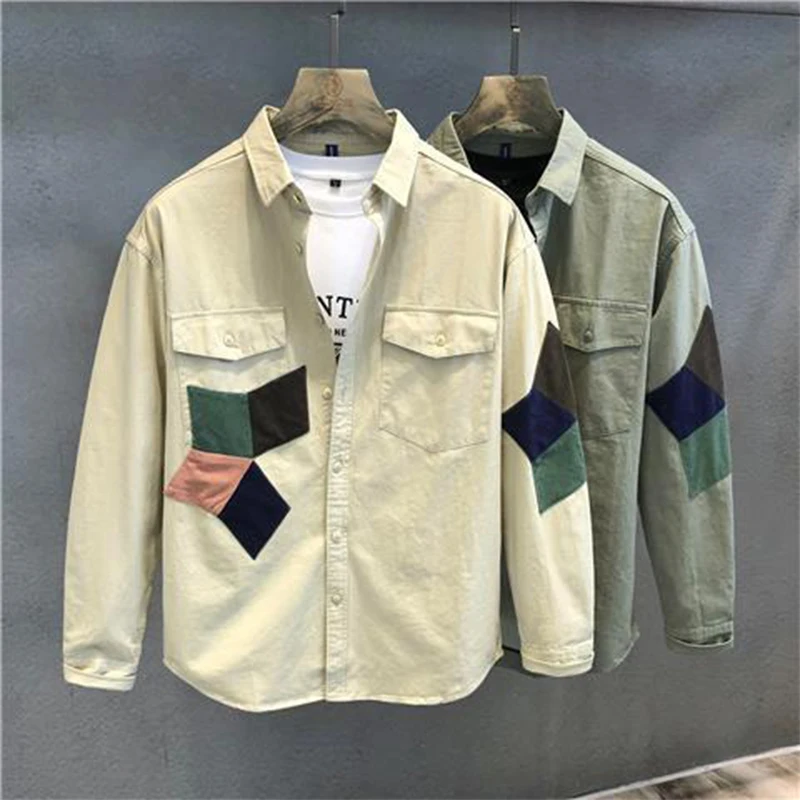 Spring Autumn Fashion POLO Collar Long Sleeve Patchwork Men's Clothing Blouse Color Blocking Striped Korean Single Casual Shirts