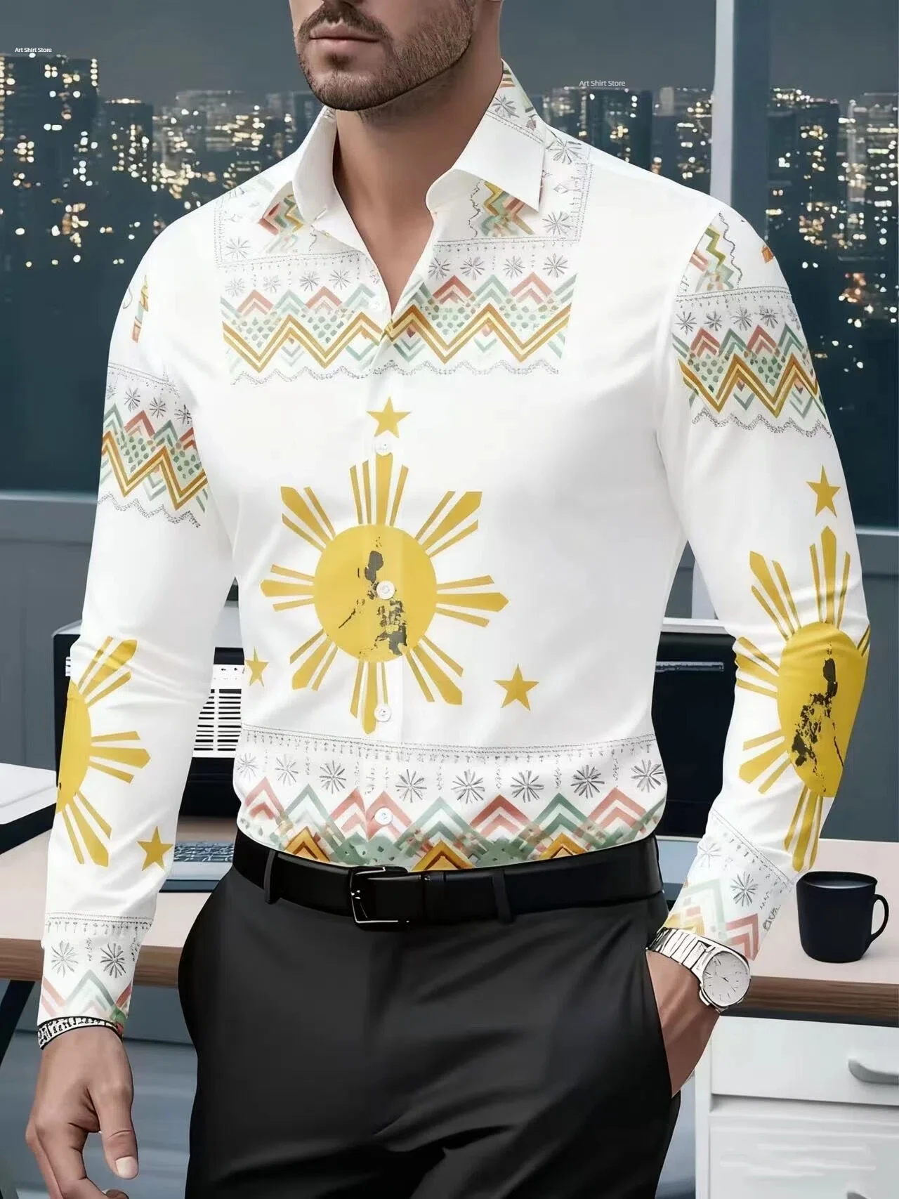 Men's hot selling spring and autumn casual tribal totem printed long sleeved shirt suitable for office business gatherings