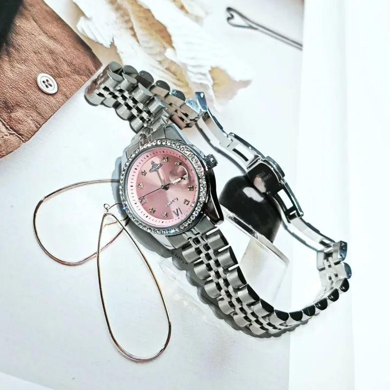 Jam Tangan Wanita Bertabur Berlian, Merek Mewah Ringan Klasik, Tali Logam Tahan Air yang Elegan, Jam Tangan Kuarsa Modis untuk Wanita